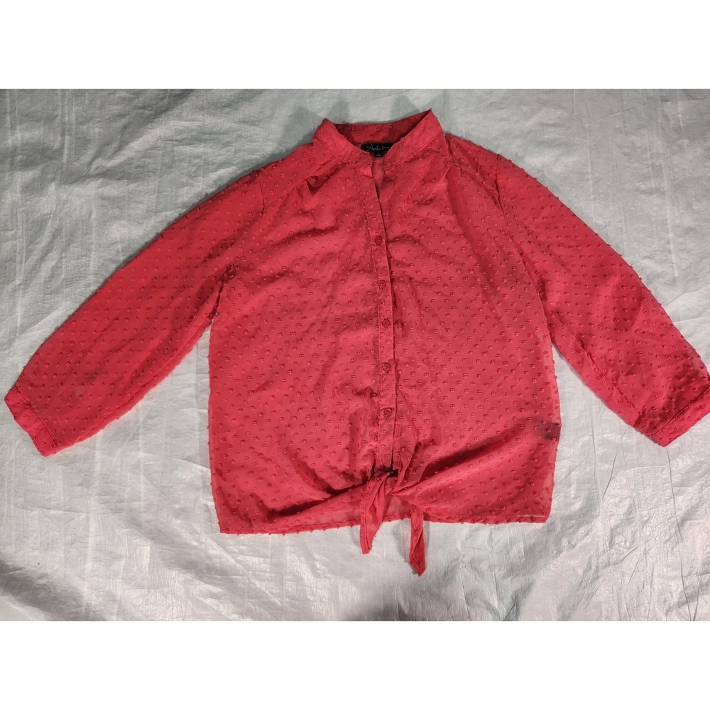 Antilia Femme Pink Button Up 3/4 Roll Tab Sleeve Blouse S Small Sheer Top Shirt